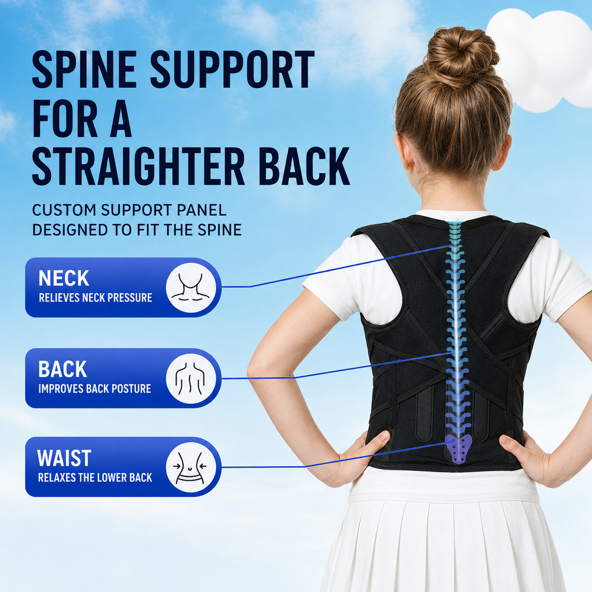 UOUBEO SKY Kids Posture Corrector – 3-Spine Support Back Brace with Breathable Comfort Design