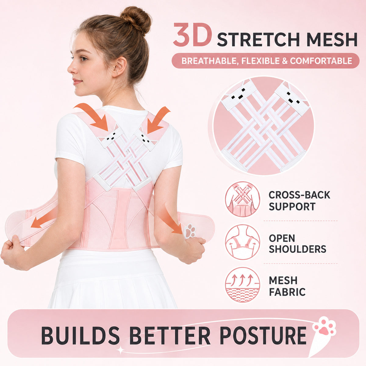 UOUBEO Kitty Women’s Open-Shoulder Posture Corrector – Breathable Comfort with Cute Cat Paw Design