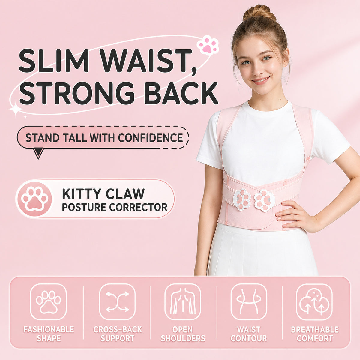 UOUBEO Kitty Women’s Open-Shoulder Posture Corrector – Breathable Comfort with Cute Cat Paw Design